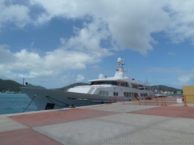 Large yacht docked near cruise terminal of cruise port Philipsburg St Maarten.jpg

