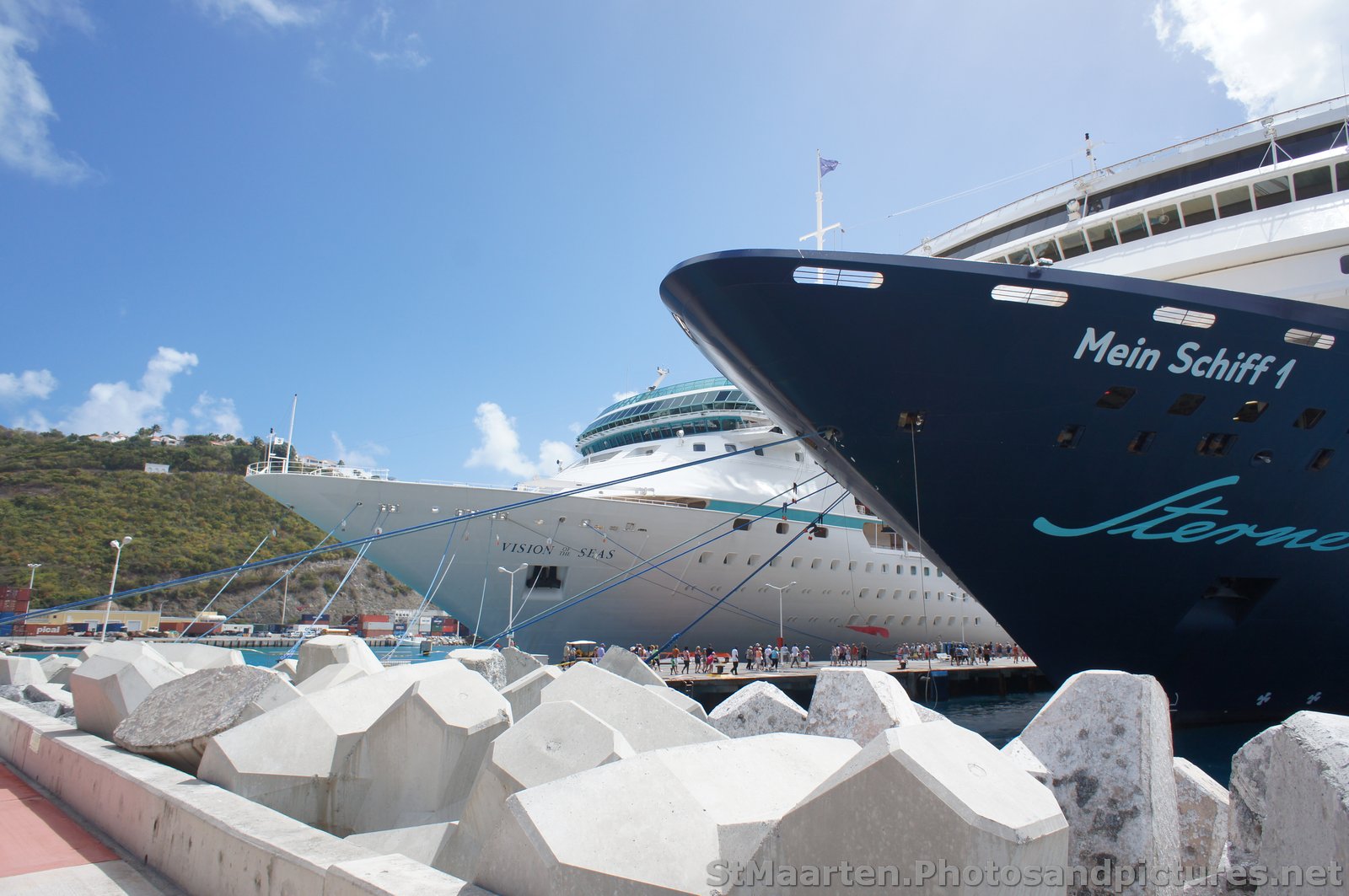Royal Caribbean Vision of the Seas and Mein Schiff 1 Cruise Ship docked at St Maarten.jpg
